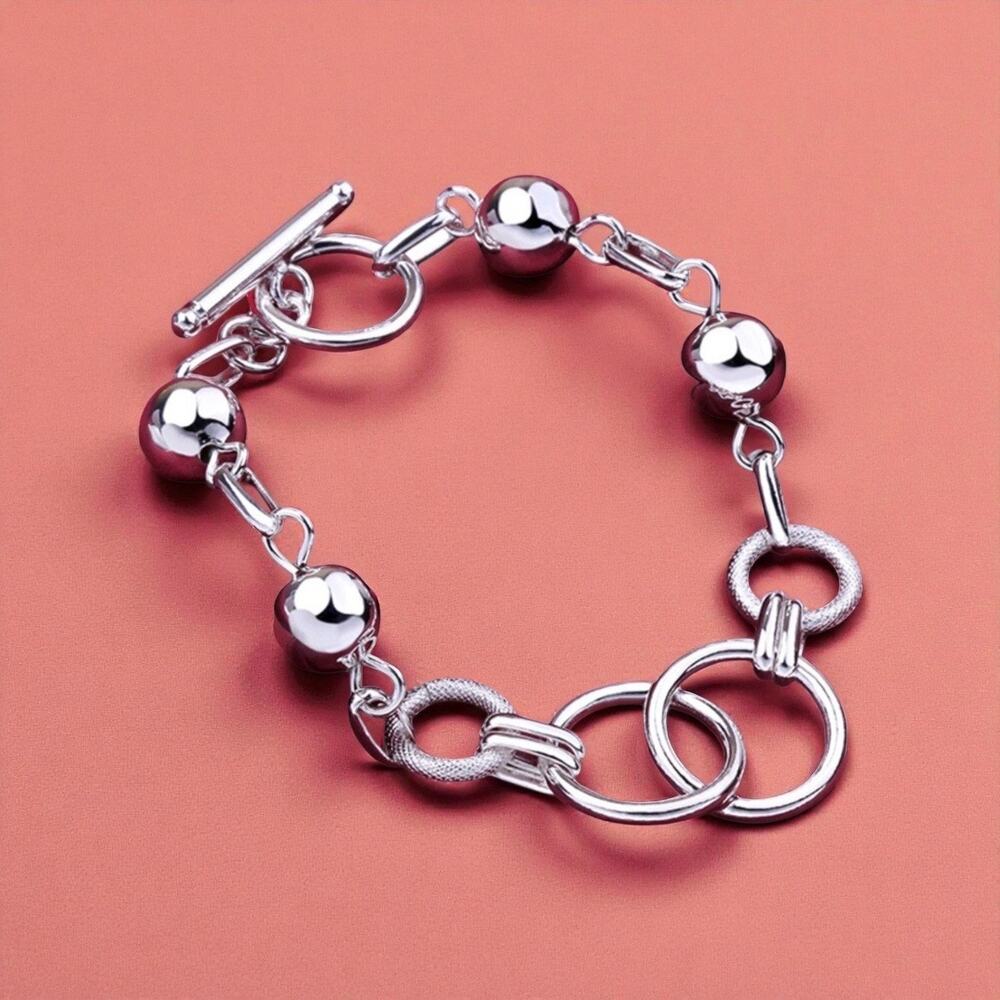 Bracelet Retro bead circle chain 925 Sterling Silver color 20CM for Women - Picture 6 of 7